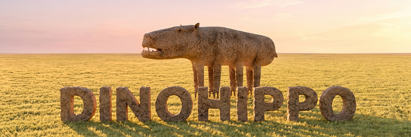 DINOHIPPO - A bizarre AI-generated hippo creature standing in a field with stone text